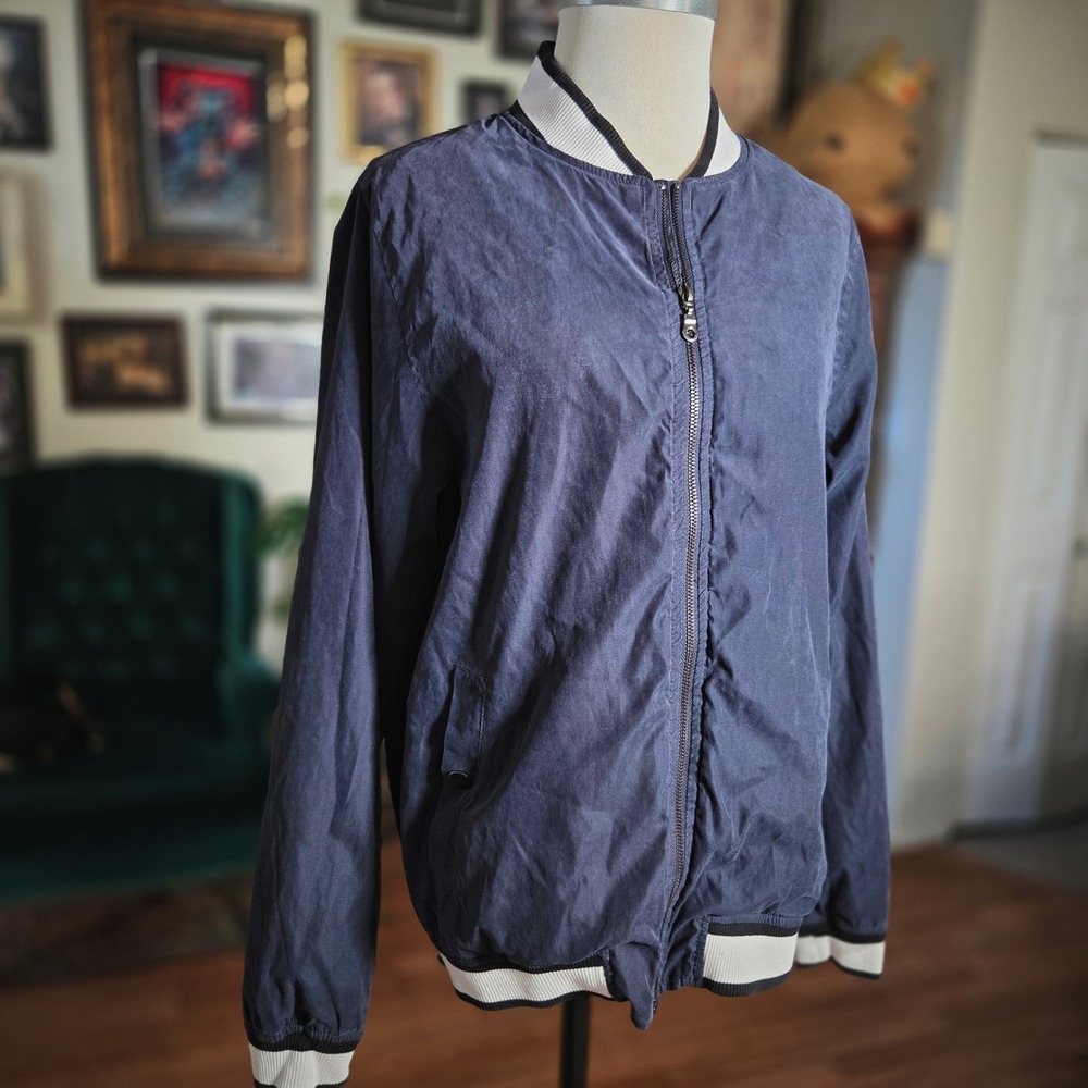 Ezekiel USA Bomber Jacket Navy Blue‎ Athletic Ribbed Collar Cuffs Zip Front